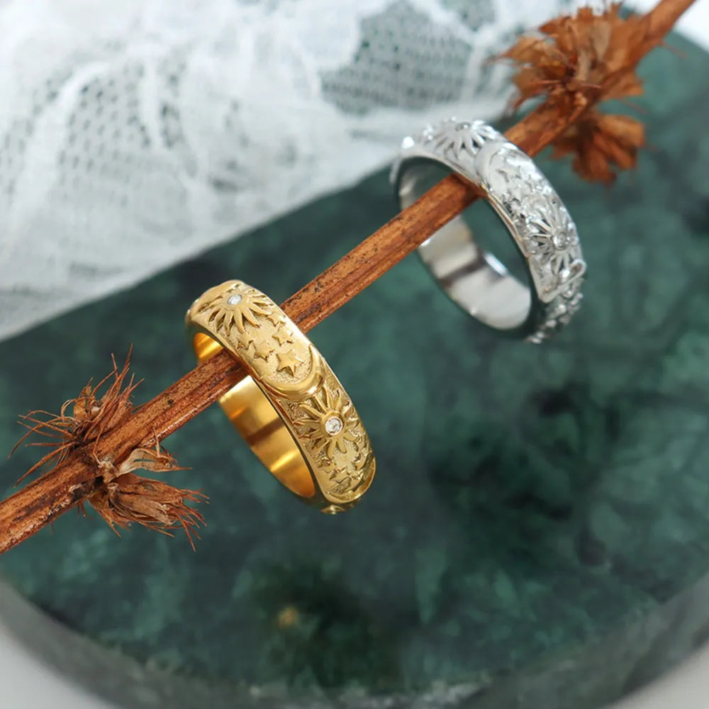 Star Moon Shaped Sparkling Zircon Design Ring Titanium Steel Handmade Jewelry for Girls